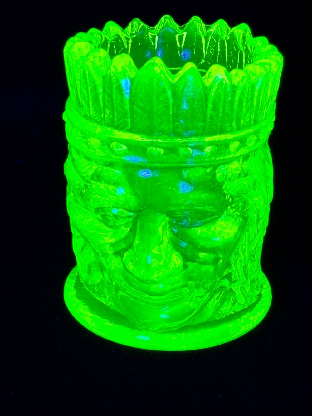 Vintage Native American Indian Chief Head Vaseline Glass Toothpick Holder